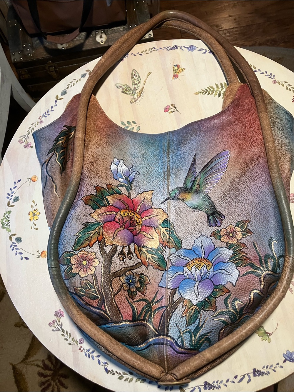 Hand-Painted Floral & Hummingbird Leather Tote in Multicolor